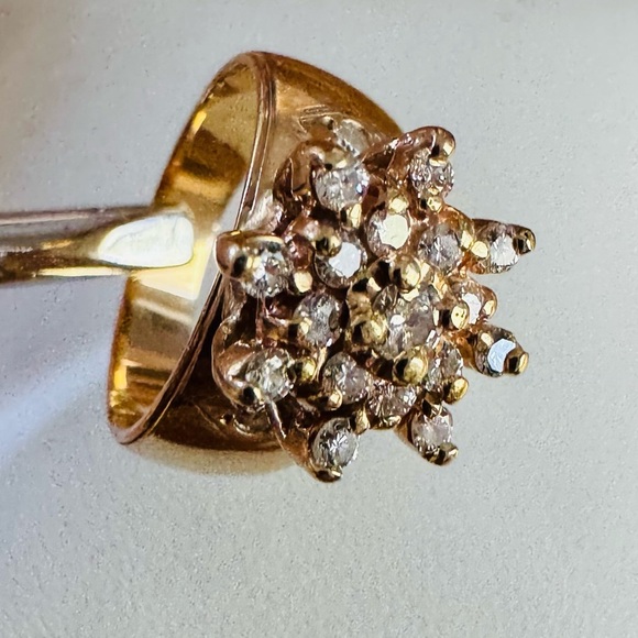 14K Yellow Gold and Diamond Vintage Floral Cluster Ring Wide Band size 5.75 - Picture 3 of 8